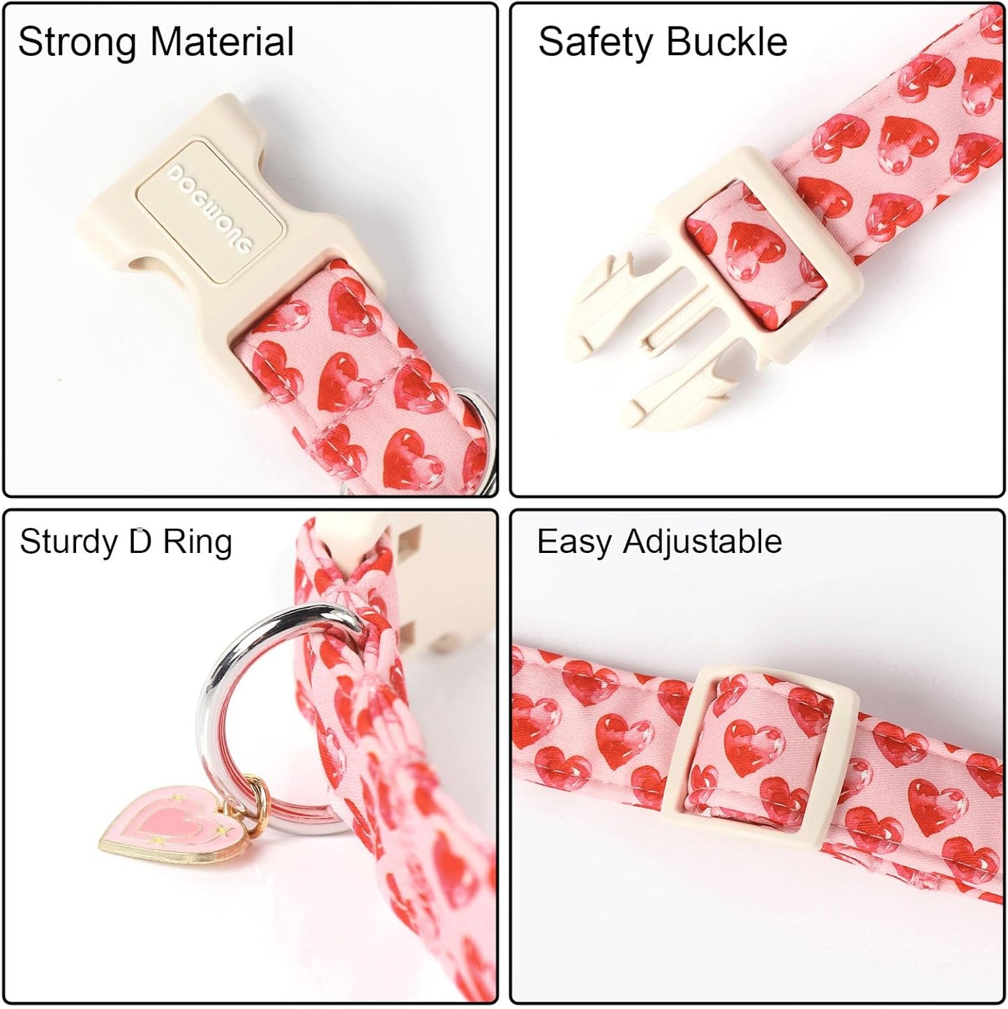 DOGWONG Valentine Dog Collar- Cute Pink Heart Dog Collars Adjustable Durable Designer Valentine’s Day Dog Collar for Small Medium Large Dogs XS