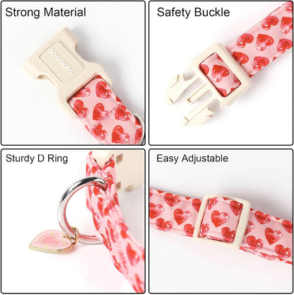 DOGWONG Valentine Dog Collar- Cute Pink Heart Dog Collars Adjustable Durable Designer Valentine’s Day Dog Collar for Small Medium Large Dogs M