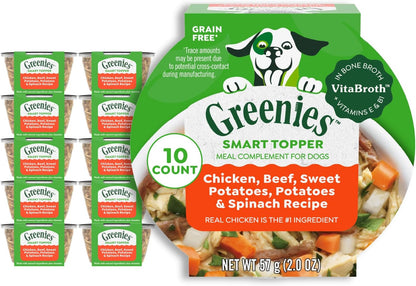 Greenies Smart Topper High Protein Wet Mix-in for Dogs, Chicken, Beef, Sweet Potatoes, Potatoes & Spinach Recipe in Vitabroth Broth- Bone Broth + Vitamins E & B1, 10 Count