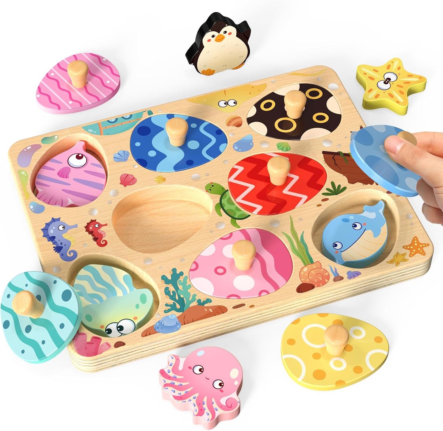 Wooden Puzzles for Toddlers, 8 Pcs Sea Animal Matching Egg Puzzle, Montessori Toys for Boy Girl Easter Birthday Gifts, Preschool Learning Activities & Educational Toys for Boys, Girls