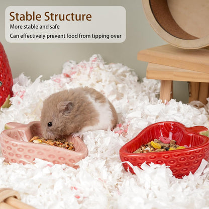 Hamtser Food Bowl,2 Packs Strawberry Hamster Bowls,Ceramic Feeding Bowl,Food Dish for Small Animals Gerbil Dwarf Hamster Rat Mice Guinea Pig(Pink+Red)
