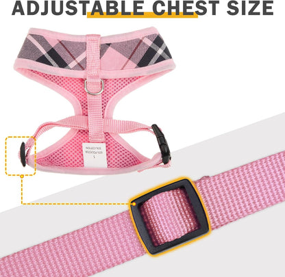 SCENEREAL Puppy Dog Harness with Leash Set for Small Medium Sized Dogs, Soft Mesh Step in Pet Harnesses and Leash, No Chock Plaid Adjustable No Pull Vest for Dogs Cats, Chihuahua,Bulldog (Pink XS)