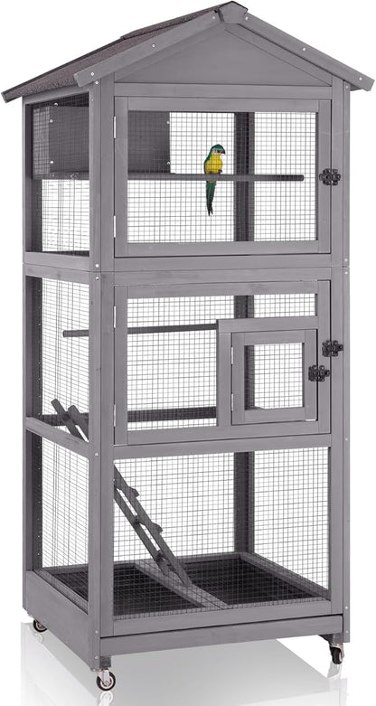 GUTINNEEN Large Bird Cage Outdoor Wooden Aviary Indoor on Wheels, with Play Stand, Perches, Nest Habitat & Wire Mesh Tray for Easy Cleaning