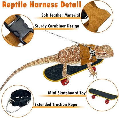 PINVNBY Bearded Dragon Leash and Harness Set - Adjustable with Lizard Traction Rope and Mini Scooter Toy for Reptile Outdoor Walking - 3 Sizes