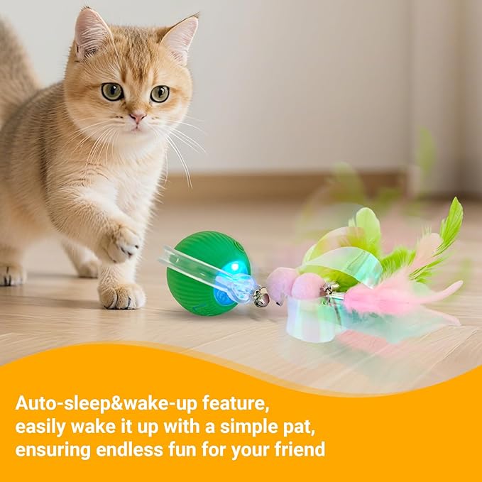Interactive Cat Toys for Indoor Cats, Motion Activate Ca t Toy, Smart Kitten Rolling Ball Moving Ball Toys, Rechargeable Cat Ballfor Enrichment Exercise (Green)