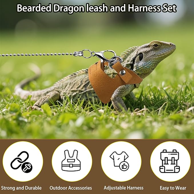 3 Pack Bearded Dragon Harness and Leash [3 Sizes] Adjustable Soft Leather Lizard Harness w/Retractable Leash Small Animal Traction Rope Walking Vest Accessories for Lizards Reptiles Squirrel Rat