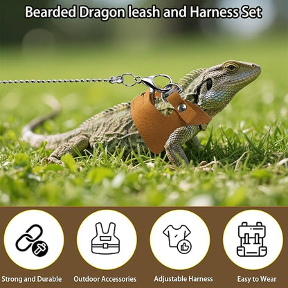3 Pack Bearded Dragon Harness and Leash [3 Sizes] Adjustable Soft Leather Lizard Harness w/Retractable Leash Small Animal Traction Rope Walking Vest Accessories for Lizards Reptiles Squirrel Rat