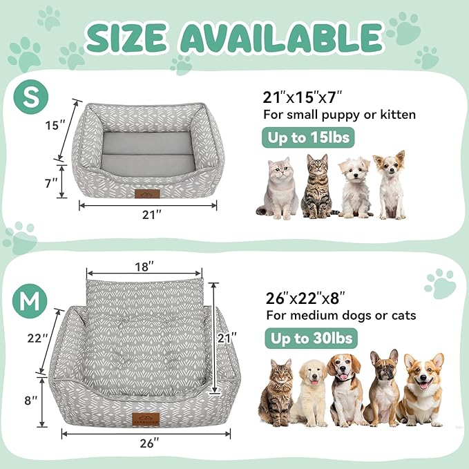Rectangle Cat Dog Bed for Large Medium Small Pets Indoor Outdoor Machine Washable Sleeping Sofa Non-Slip Bottom Soft Puppy Bed Durable Orthopedic Calming Pet Cuddler (Small, Grey Pattern)