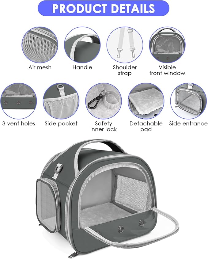 Bissap Bearded Dragon Travel Carrier, Portable Guinea Pig Carrier Bag Tortoise Carrier Pouch for Bunny Hamster Chinchilla Hedgehog Lizard Bird Outgoing Reptile Travel Carrying Case - Grey