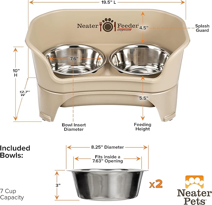 Neater Feeder Express Mess Proof Dog Bowls Elevated for Medium to Large Sized Breed, No Spill Raised Dog Food Bowl Stand, Stainless Steel Food and Water Bowl Set, Pet Dish Feeding Station, Almond