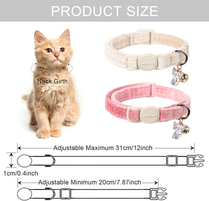 ARING PET 2 Pack Cat Collar-Cute Cotton Cat Collar with Bell & Pendant, Adjustable Pink Khaki Kitten Collars with Safety Buckle for Girl and Boy Pets