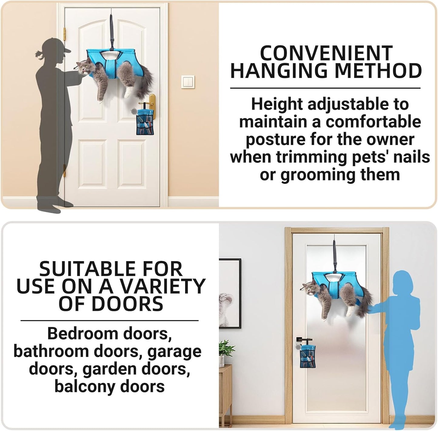 Pet Grooming Hammock for 6-11 lbs Pets - Adjustable Height, Tool Bag, 30 lb Capacity, Door-Hook Hanging, Foldable, Blue