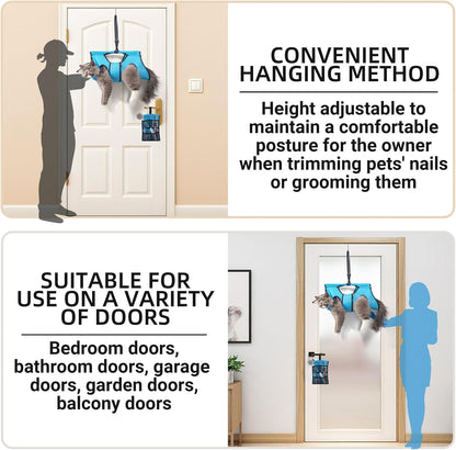 Pet Grooming Hammock for 6-11 lbs Pets - Adjustable Height, Tool Bag, 30 lb Capacity, Door-Hook Hanging, Foldable, Blue