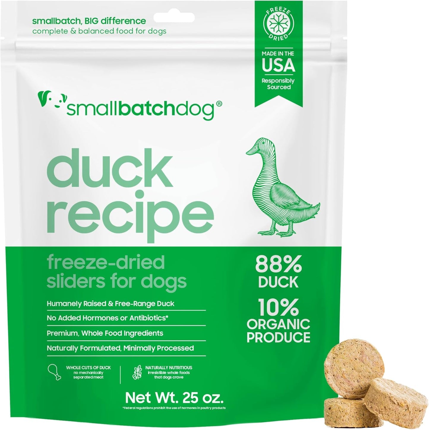smallbatch Pets Freeze Dried Raw Dog Food, Duck Recipe, 25 oz, Organic High Protein Dog Food, Grain Free, Made in The USA, Humanely Raised Meat, Single Protein, for Picky Eaters, Hydrate & Serve