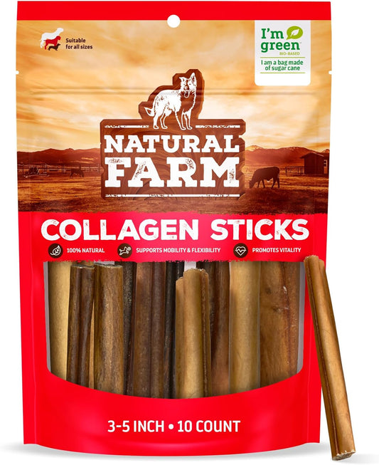 Natural Farm Collagen Dog Chews (3-5”, 10 Units), Odor-Free Long Lasting Bully Sticks & Rawhide Alternative Dog Treats, 95% Collagen Low Fat, High Protein – Small & Medium Dogs