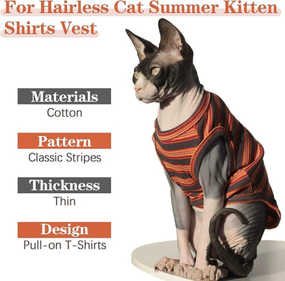 BRKURLEG Sphynx Hairless Cats Shirt Puppy Clothes Soft Cotton T-Shirts Cute Cats Pajamas Cat Stripes Vest Pet Sweater, Round Collar Vest Kitten Shirts(Red Stripes, XL)
