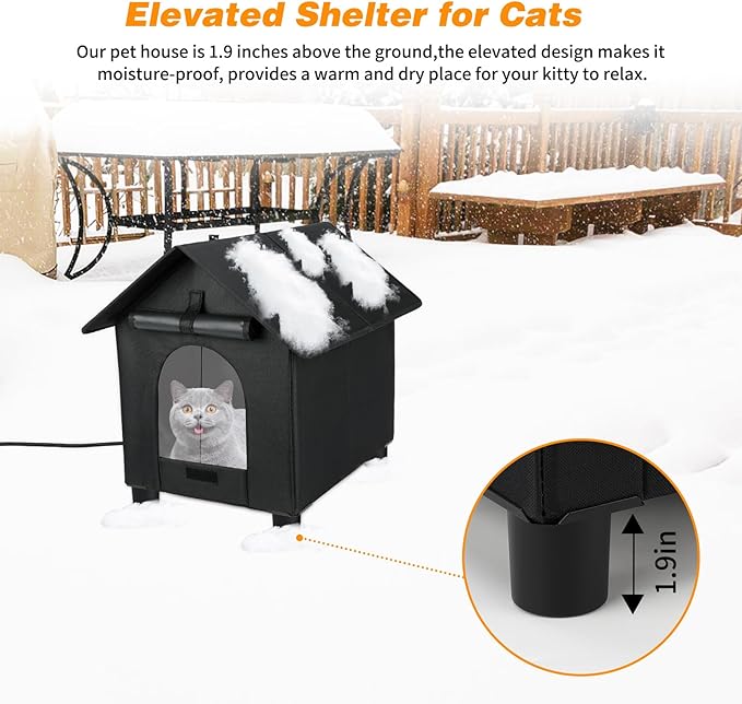 BWOGUE Large Elevated Heated Cat House for Outdoor Cats in Winter, Waterproof & Insulated Feral Cat Shelter for Outside Cats, Weatherproof Feral Cat House for Outside(Large Black)