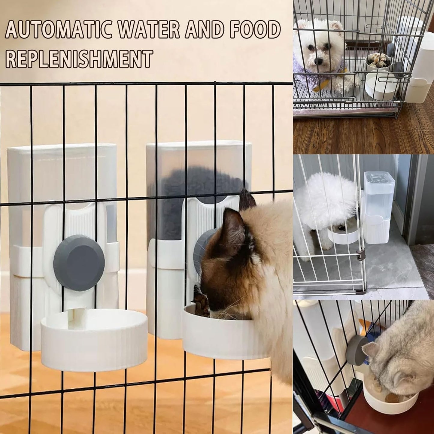 kathson Hanging Automatic Pet Food and Water Dispenser,Gravity Auto Rabbit Feeder for Cage,Guinea Pig Feeder and Waterer Set,Cat Food Bowl Dog Feeding Station for Bunny,Ferret,Chinchilla (Grey)