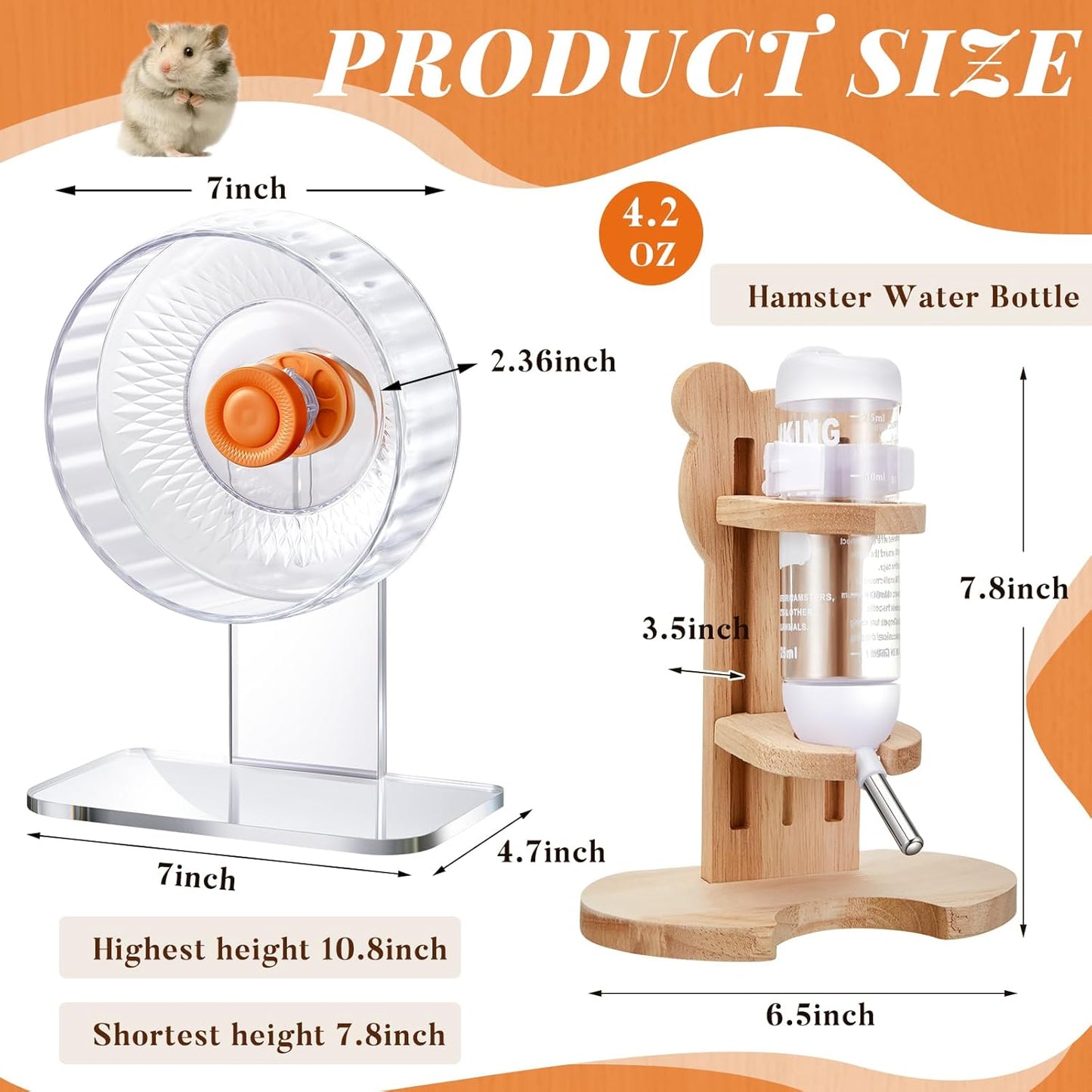 2 Pcs 7 Inch Transparent Adjustable Silent Hamster Exercise Wheels and Hamster Water Bottle Set Guinea Pig Running Wheels with Stand Water Dispenser Stand Holder for Guinea Small Animal
