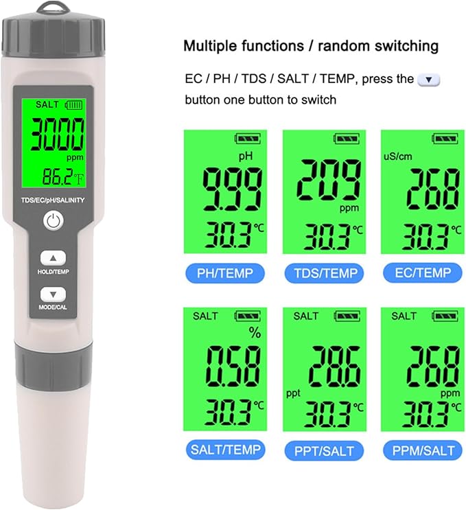 Aquarium Salt Tester -Pool Salt Tester, Versatile 5 in1 Salinity, PH, TDS, EC, and Temperature Meter, Digital Salinity Tester for Saltwater Aquarium, Accurate Salinity Meter,Grey