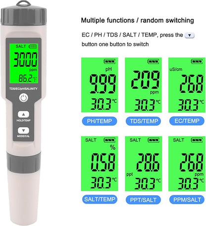 Aquarium Salt Tester -Pool Salt Tester, Versatile 5 in1 Salinity, PH, TDS, EC, and Temperature Meter, Digital Salinity Tester for Saltwater Aquarium, Accurate Salinity Meter,Grey