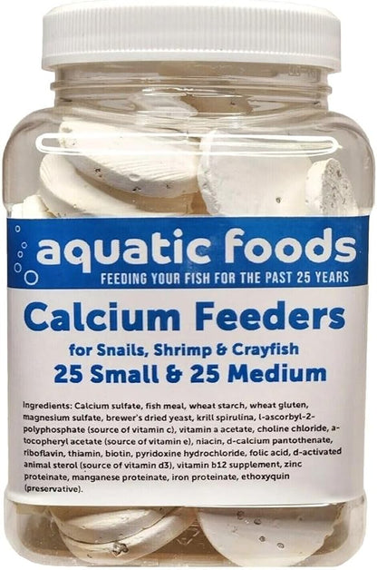 Aquatic Foods Inc. Calcium Enriched Sinking Food Disks for Shrimp, Snails, Crabs, Crayfish, Hermit Crabs, Plecos, Catfish, Bottom Fish, All Tropical Fish. 25 Small & 25 Medium Discs Jar