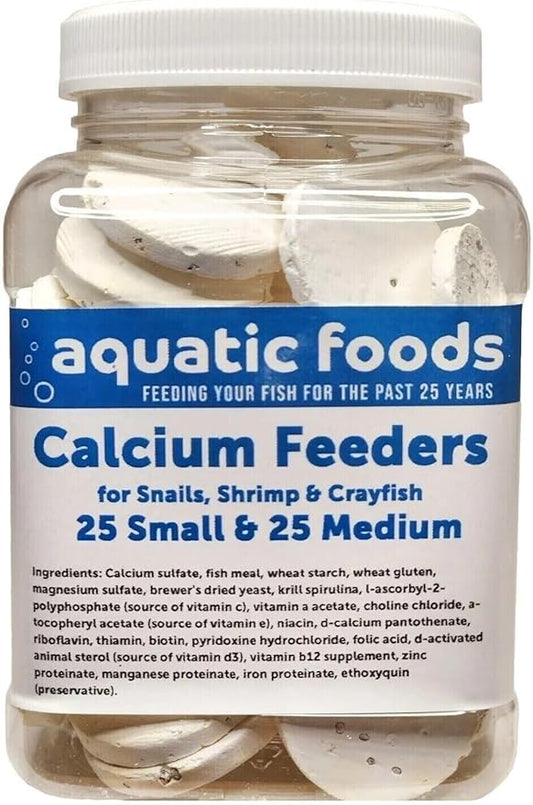 Aquatic Foods Inc. Calcium Enriched Sinking Food Disks for Shrimp, Snails, Crabs, Crayfish, Hermit Crabs, Plecos, Catfish, Bottom Fish, All Tropical Fish. 25 Small & 25 Medium Discs Jar