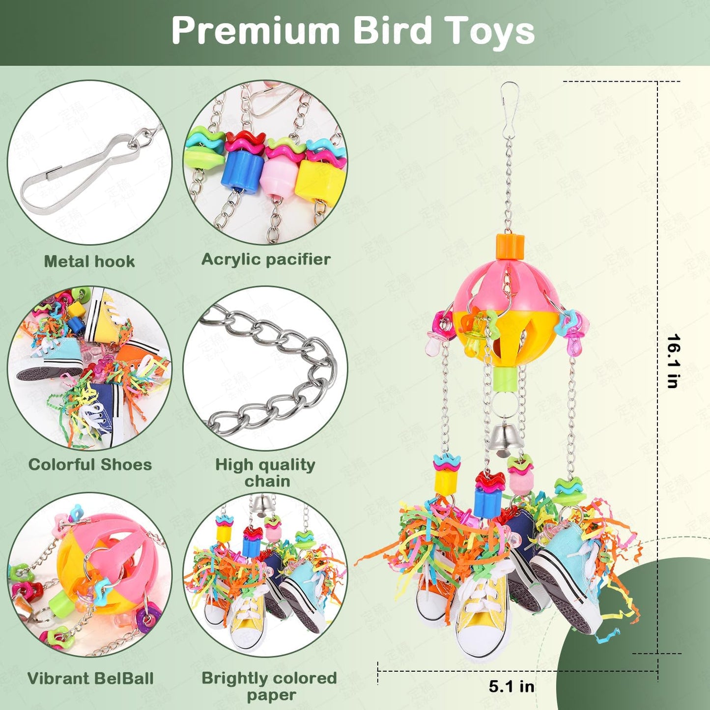 Bird Toys for Parrots and Conures, Colorful Chew Sneakers, Bell Balls, Acrylic Pacifiers, Durable Toys for Small and Medium Birds, Hanging Bird Cage
