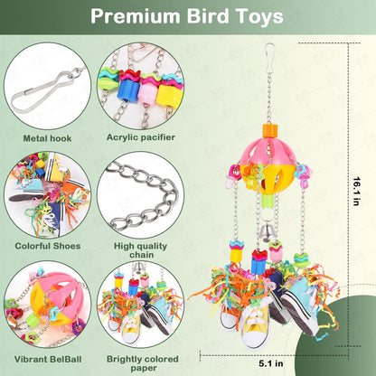 Bird Toys for Parrots and Conures, Colorful Chew Sneakers, Bell Balls, Acrylic Pacifiers, Durable Toys for Small and Medium Birds, Hanging Bird Cage