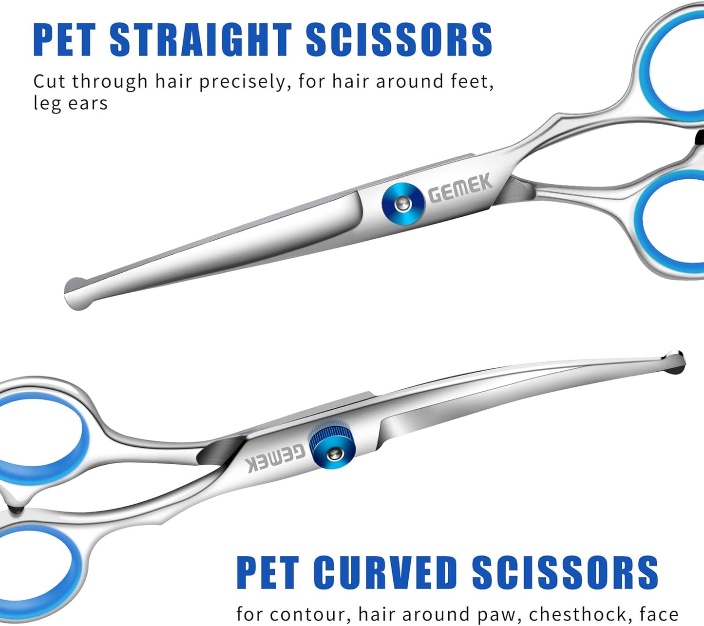 GEMEK Professional 5 in 1 Dog Grooming Scissors Set with Safety Round Tips, Sharp and Heavy-duty Pet Grooming Shears for Cats (Blue)