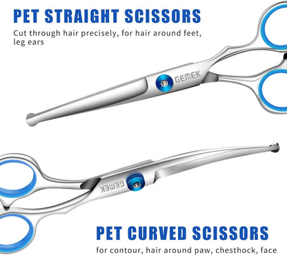 GEMEK Professional 5 in 1 Dog Grooming Scissors Set with Safety Round Tips, Sharp and Heavy-duty Pet Grooming Shears for Cats (Blue)