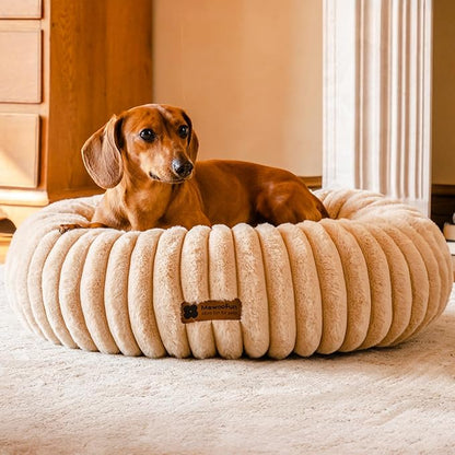 MEWOOFUN Donut Dog Beds for Small Dog, Calming Bed Round Cute Puppy Bed with Non-Slip Bottom, Fluffy Washable Pet Bed for Puppy and Kitten (Light Brown, S (25x25x7))
