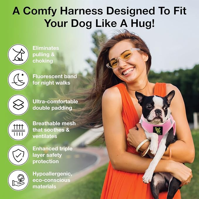 EcoBark Step in Dog Harness - Eco-Friendly Small Breed Dog Harnesses for XXS, XS, and Small Dogs - Reflective and Adjustable Mini Body Halter Vest - Tiny Soft Mesh Toy Breed Harness (Baby Pink, XS)