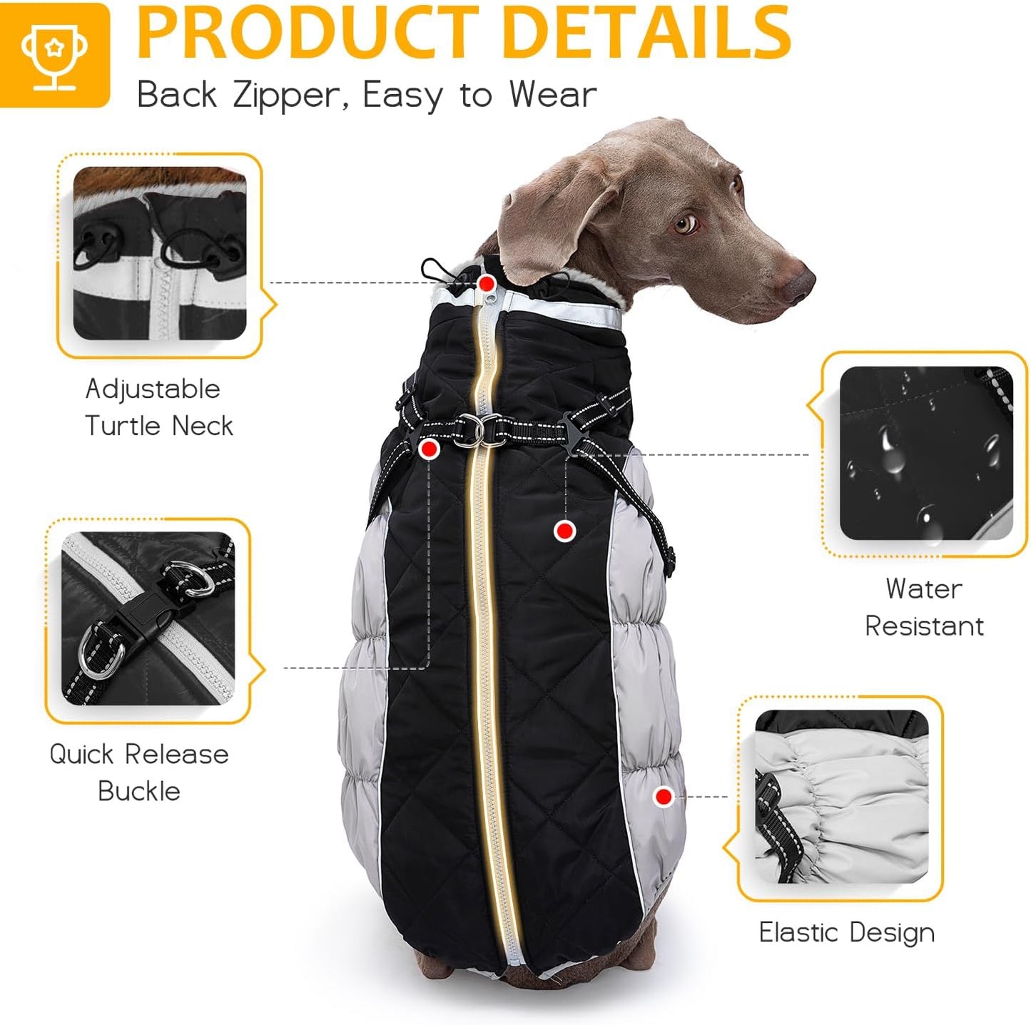 Dog Winter Coat with Harness, Dog Jacket, Pet Clothes with Zipper on Back, Waterproof Windproof Warm Vest, Reflective Cold Weather Coats, for Small Medium Large Dogs, Thick, Black, L