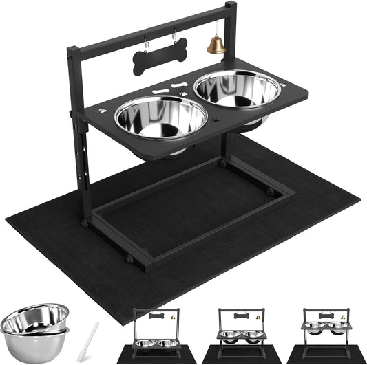 Elevated Dog Bowls With Mat, Adjustable Height 4.3-11.8'', Two 1.7L Stainless Steel Food & Water Bowls, Metal Raised Stand for Large, Medium Dogs