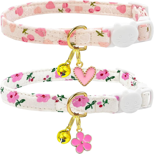 2 Pack Cotton Breakaway Cat Collars Set with Bell and Flower Pendant, Cute Floral Fruit Patterned, Adjustable 7.5-11Inch, Include A Mouse Toy Gift (Heart Cherry)