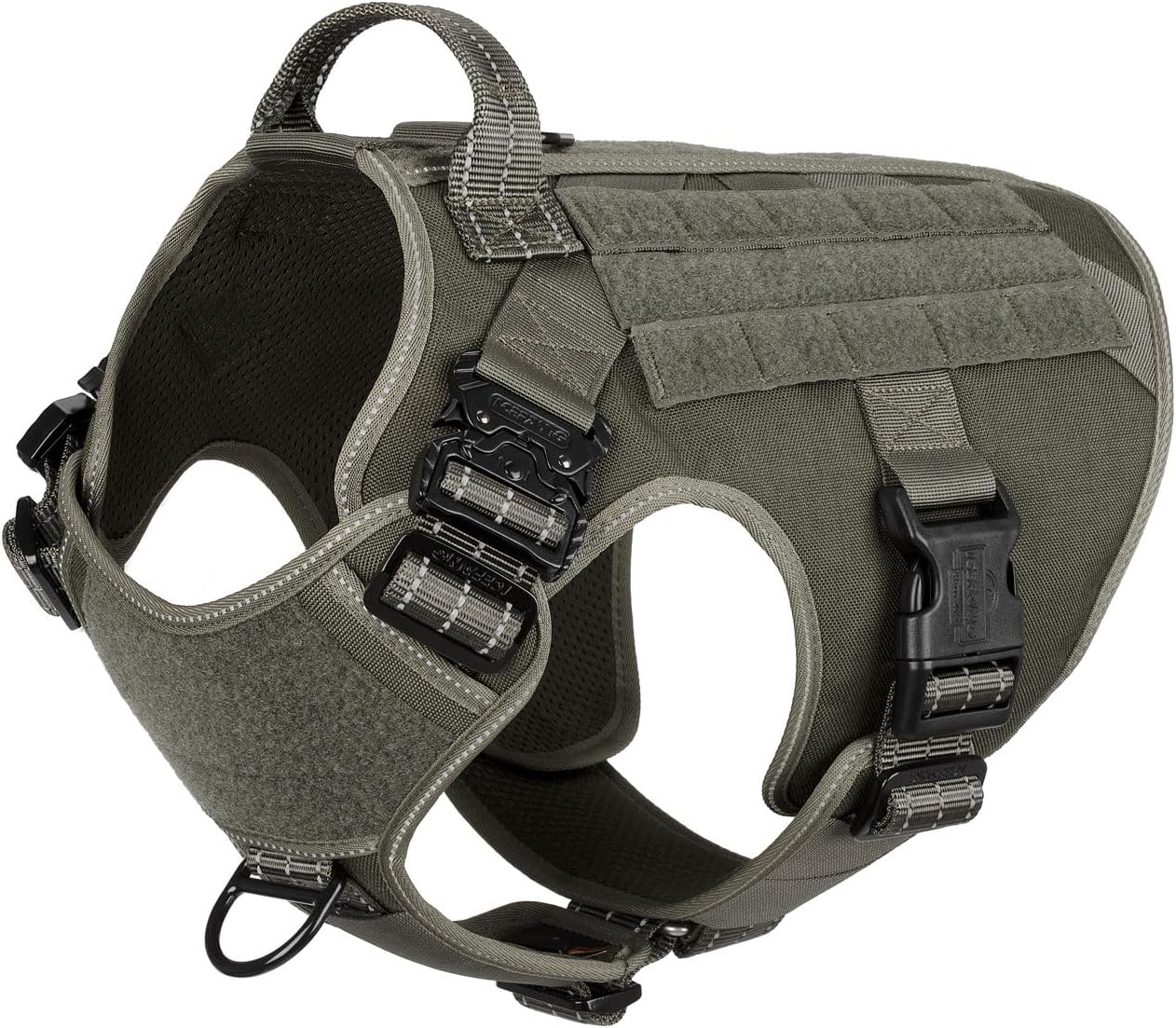 ICEFANG Tactical Dog Harness, X-Large Size,2X Metal Buckle,Working Dog MOLLE Vest with Handle,No Pulling Front Leash Clip,Hook and Loop Panel (Green,XL (Pack of 1))