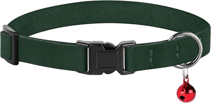 Breakaway Cat Collar Leather with Removable Bell - 13 Colors Available - Soft Adjustable Girl Boy Safety Lightweight Pet Kitten Collars Pink Brown Blue Green Red Orange Black (Emerald)