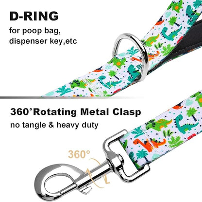 4 Foot Dog Leash for Medium Large Dogs, Double Handle Dog Leash with Padded Traffic Control Handles, Walking Training Lead, Dinosaur