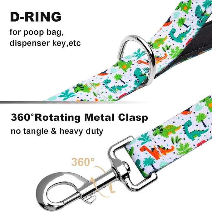 5 Foot Dog Leash for Medium Large Dogs, Double Handle Dog Leash with Padded Traffic Control Handles, Walking Training Lead, Dinosaur