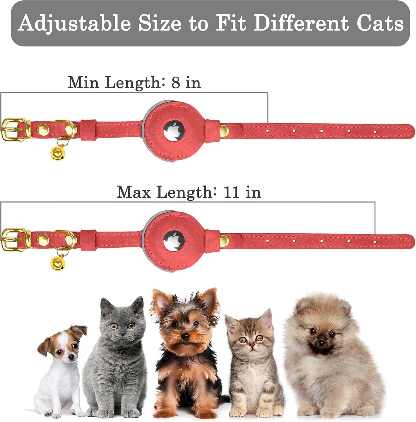 OOPSDOGGY Reflective Leather AirTag Cat Collar with Bell - Non Breakaway Adjustable Pet Collar with Apple Air Tag Holder - Lightweight GPS Kitten Collars for Small Dogs Puppy (Pink)