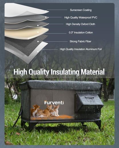 Heated Cat House for Outside,Dual Camera Mounts,100% Weatherproof & Extremely Insulated,Elevated Feral Cat Shelter with Escape Door,Waterproof Eaves for Outdoor Stray Barn Cat(Dark Grey, XL)