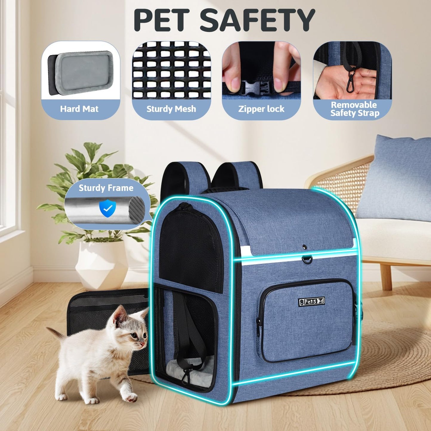 Petskd Expandable Pet Backpack Carrier 16.5x14.5x11 Inches for Small Dogs and Medium Cats,Portable Dog Cat Backpack Carrier for Hiking,Vet,Travel(Blue)