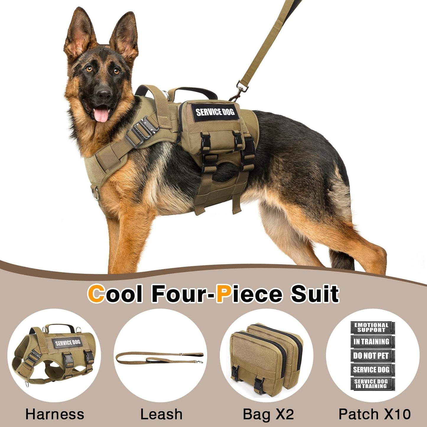 WINSEE Tactical Dog Harness with Dog Leash, Service Working MOLLE Vest with 10 Pet Patches for Medium Dog, No Pull Military Harness and Backpack for Training Hunting Walking