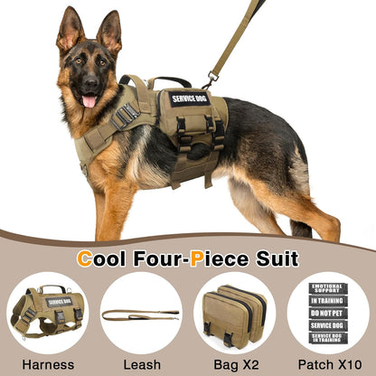 WINSEE Tactical Dog Harness with Dog Leash, Service Working MOLLE Vest with 10 Pet Patches for Medium Dog, No Pull Military Harness and Backpack for Training Hunting Walking
