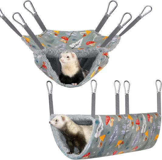 Bienbee 2 Pcs Ferret Rat Hammock Set for Cage Washable Guinea Pig Hideout Bed Soft Small Animal Hammock Tunnel Toys Ferret Cage Accessories for Hedgehog Sugar Glider Squirrel Hamster, Grey Mushroom