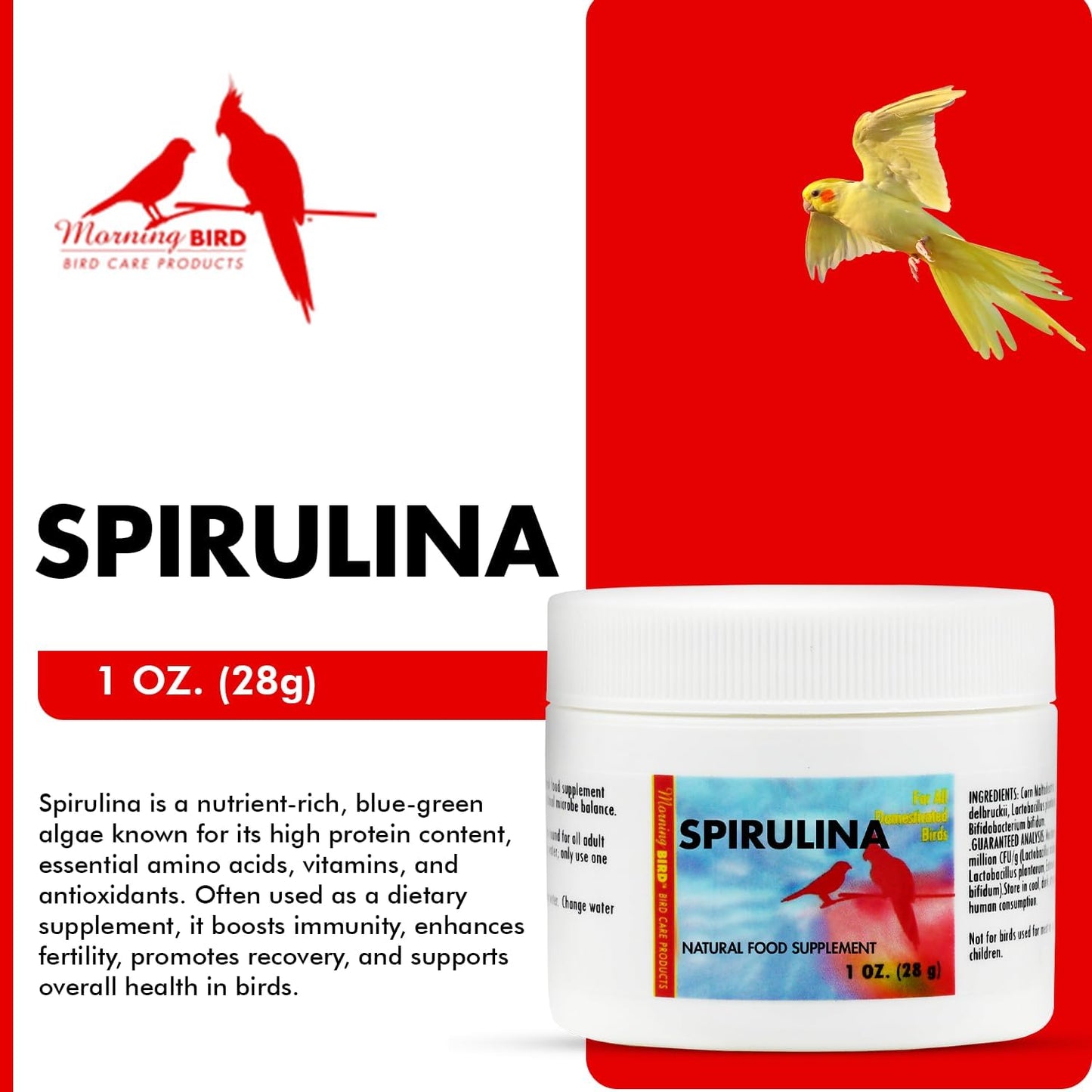 Morning Bird Spirulina 1 Oz Supplement for Caged Birds, Organic Bird Food Supplement with Vitamins, Proteins, and Amino Acids for Parakeets, Cockatiels, Budgies, Finches, Canaries, and Parrots