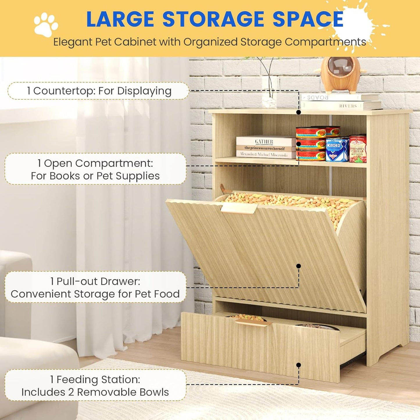 Fluted Dog Feeding Station, Dog Food Storage Container with Raised Bowls, Pet Feeder Station Food Cabinet for Toy Feeding Watering Supplies, Natural Oak