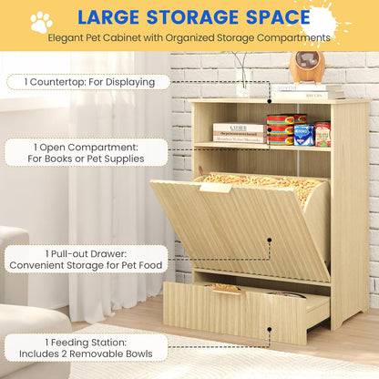 Fluted Dog Feeding Station, Dog Food Storage Container with Raised Bowls, Pet Feeder Station Food Cabinet for Toy Feeding Watering Supplies, Natural Oak