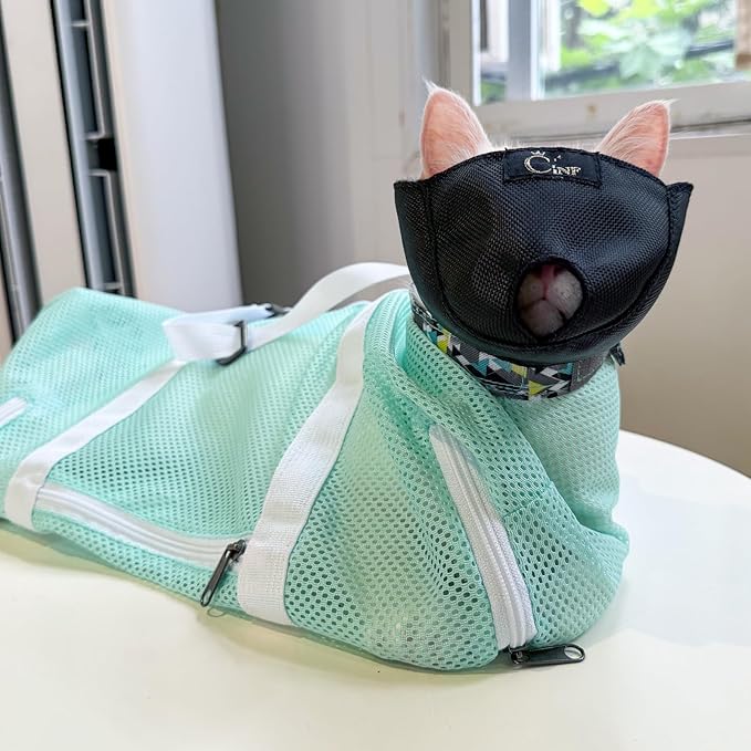 Cinf Cat Bathing Bag(Free Muzzle) Breathable Mesh Anti Scratch Adjustable Cat Grooming Bag for Nail Trimming, Bathing Soft Cat Washing Bag(Mint) L